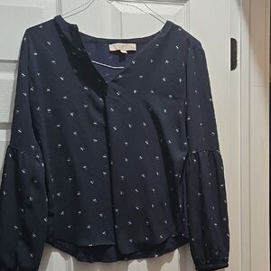 LOFT Navy Blouse with Subtle White Design